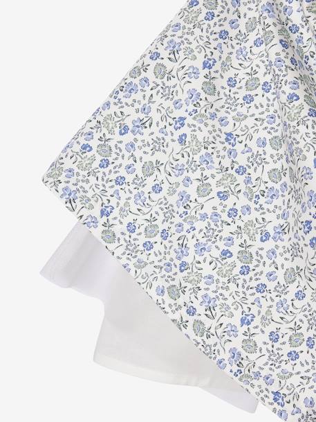 Vestido de ceremonia con flores a la acuarela en el bajo, para niña azul+blanco estampado+rosa estampado 