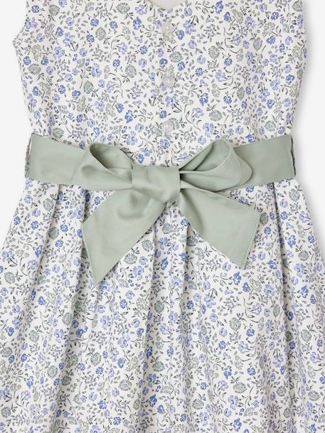 Vestido de ceremonia con flores a la acuarela en el bajo, para niña azul+blanco estampado+rosa estampado 