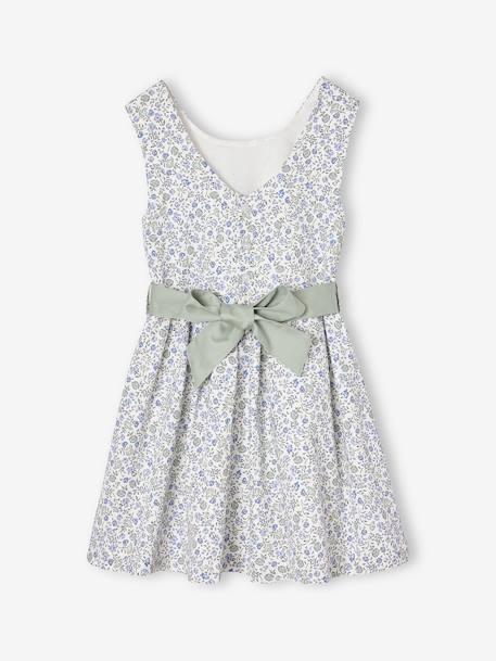 Vestido de ceremonia con flores a la acuarela en el bajo, para niña azul+blanco estampado+rosa estampado 