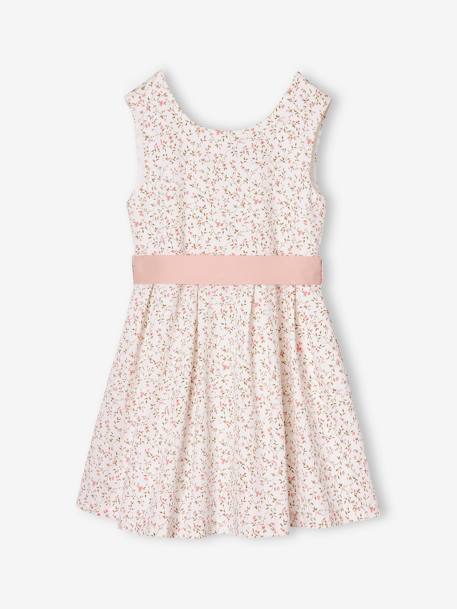 Vestido de ceremonia con flores a la acuarela en el bajo, para niña azul+blanco estampado+rosa estampado 