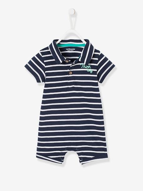 Mono de playa con cuello polo para bebé niño Azul oscuro a rayas+MARRON MEDIO A RAYAS 