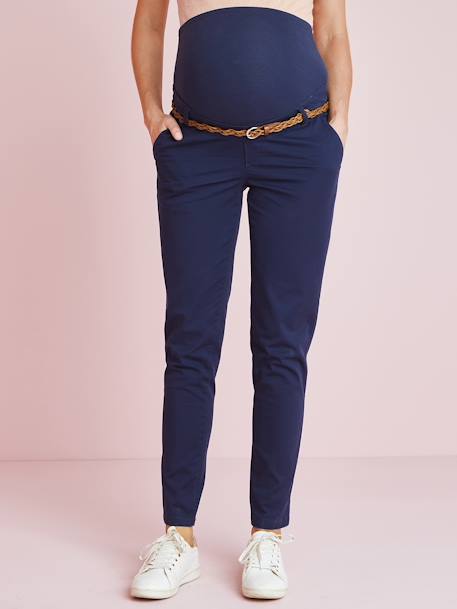 Pantalón chino de embarazo, entrepierna 82 cm Azul oscuro liso con motivos 