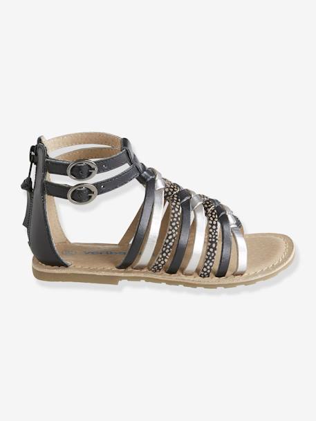 Sandalias de piel para niña NEGRO OSCURO LISO CON MOTIVOS+Plateado multicolor 