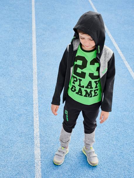 Pantalón de deporte para niño, tejido técnico Negro oscuro liso con motivos 